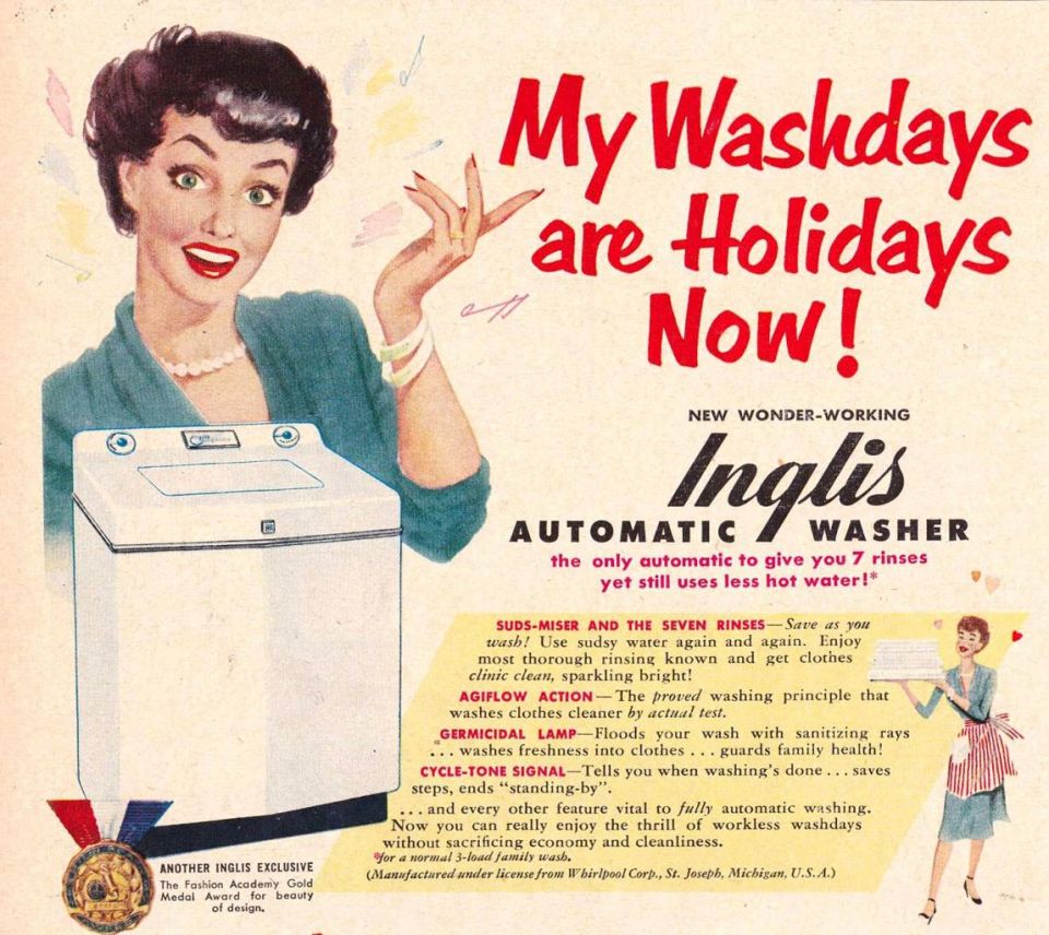 Vintage ad woman excited automatic washing machine